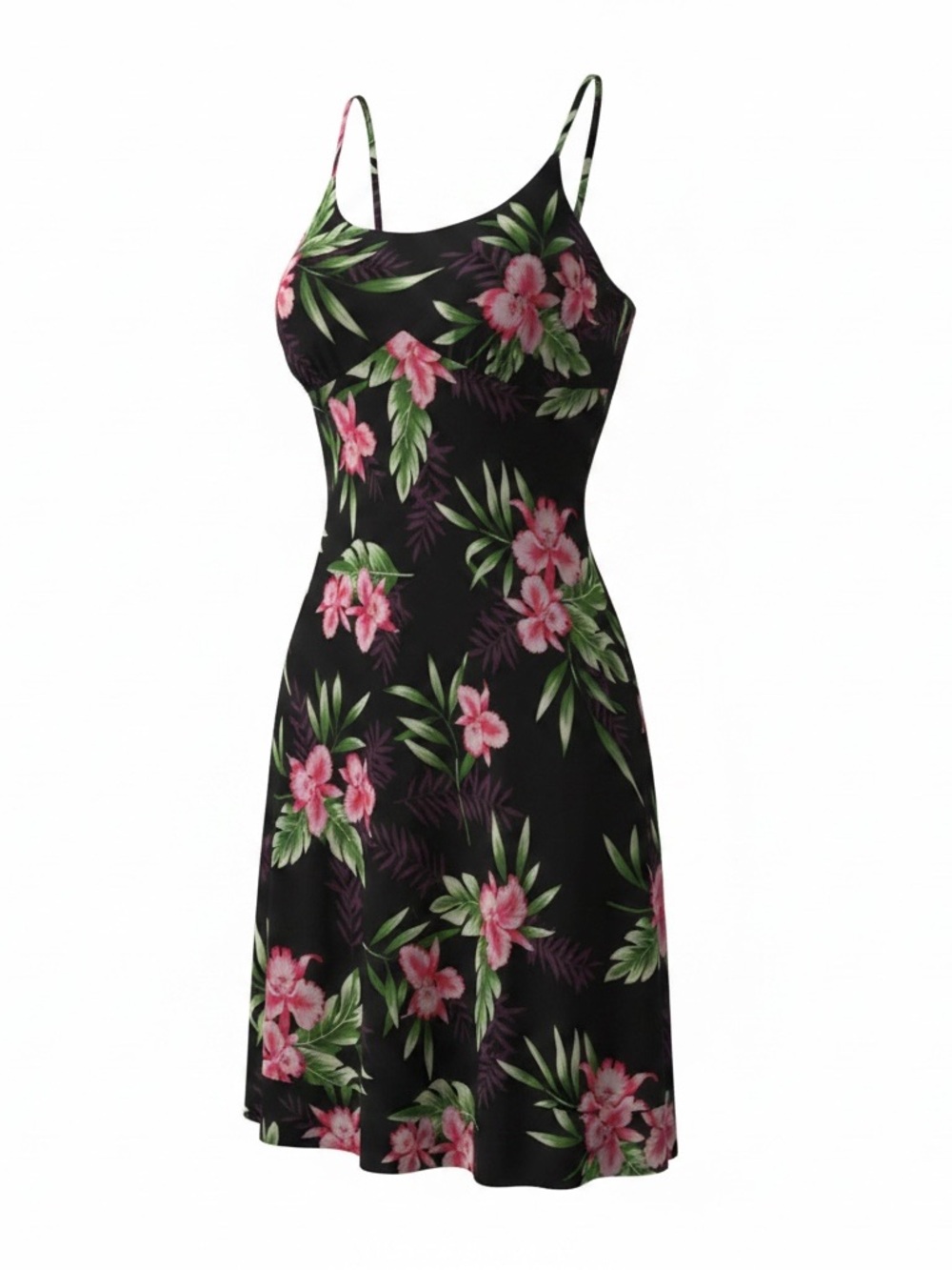 Floral Spaghetti-Strap A-Line Dress - Black with Pink Floral